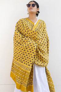 Leher Ajrakh Modal Satin Yellow Dupatta