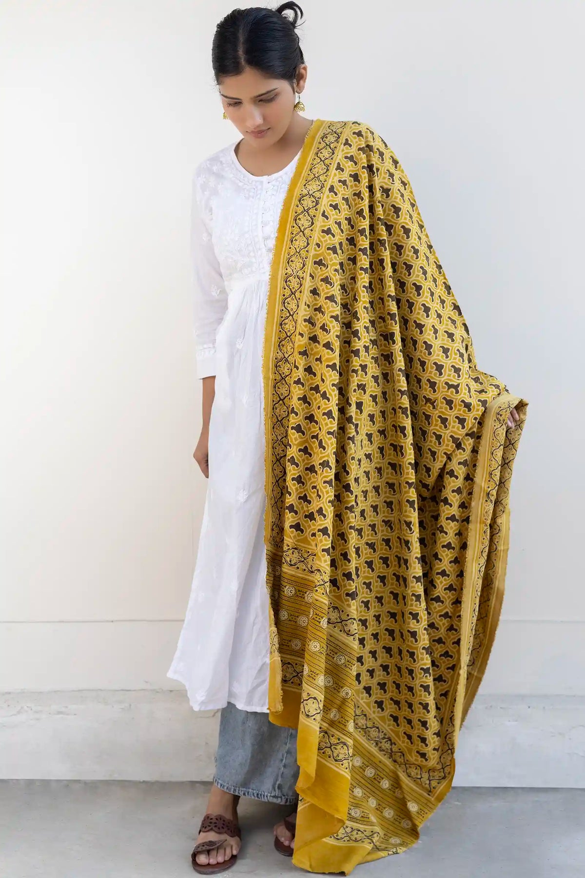 Leher Ajrakh Modal Satin Yellow Dupatta