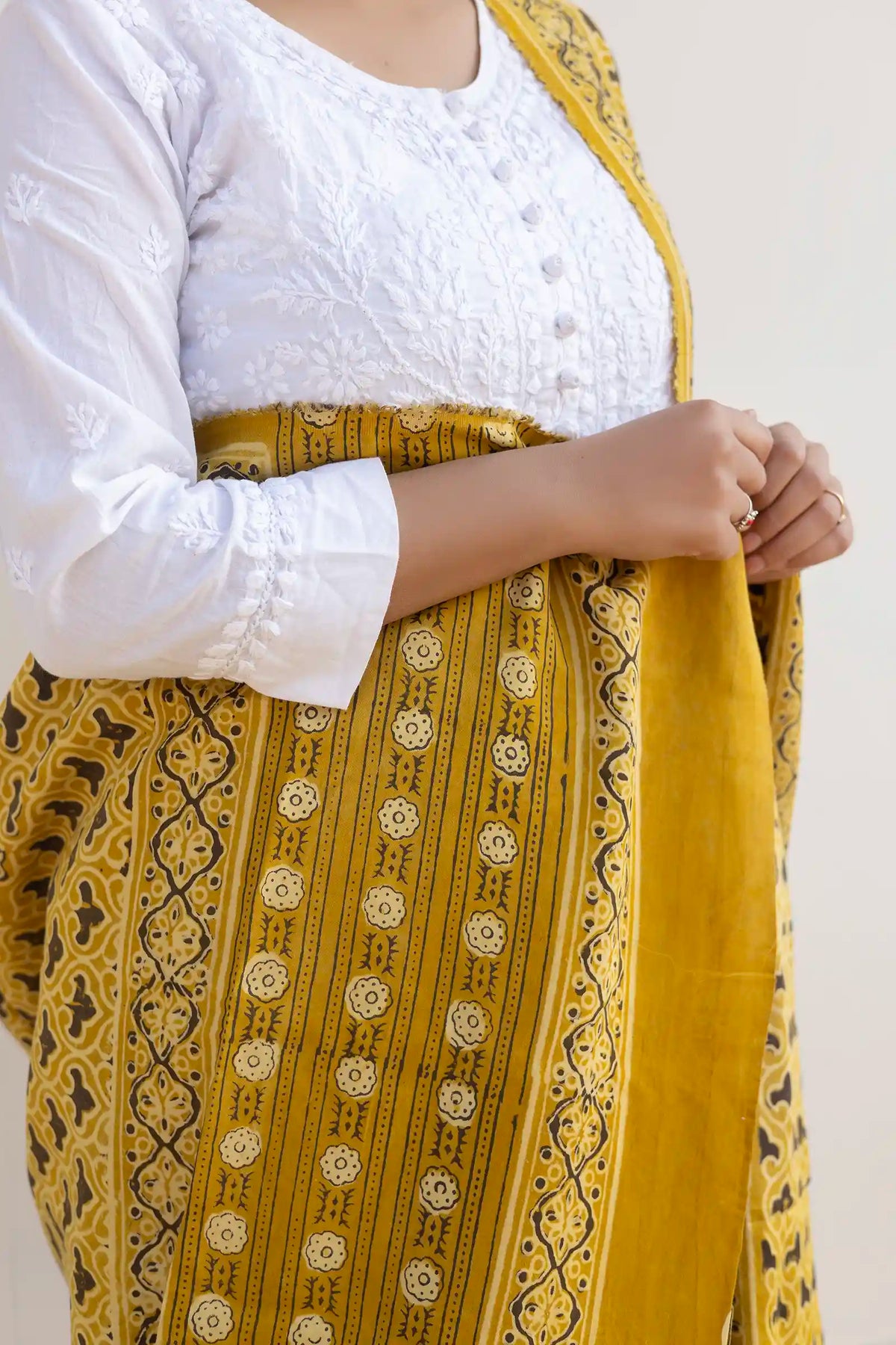 Leher Ajrakh Modal Satin Yellow Dupatta
