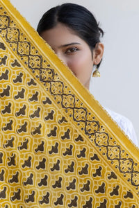 Leher Ajrakh Modal Satin Yellow Dupatta