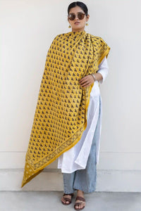 Leher Ajrakh Modal Satin Yellow Dupatta