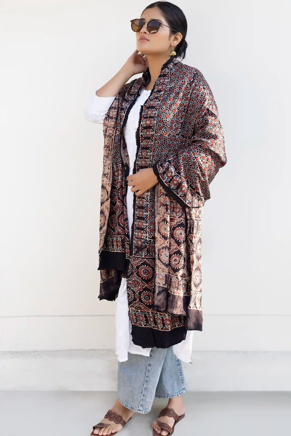 Leher Ajrakh Modal Satin Black Dupatta