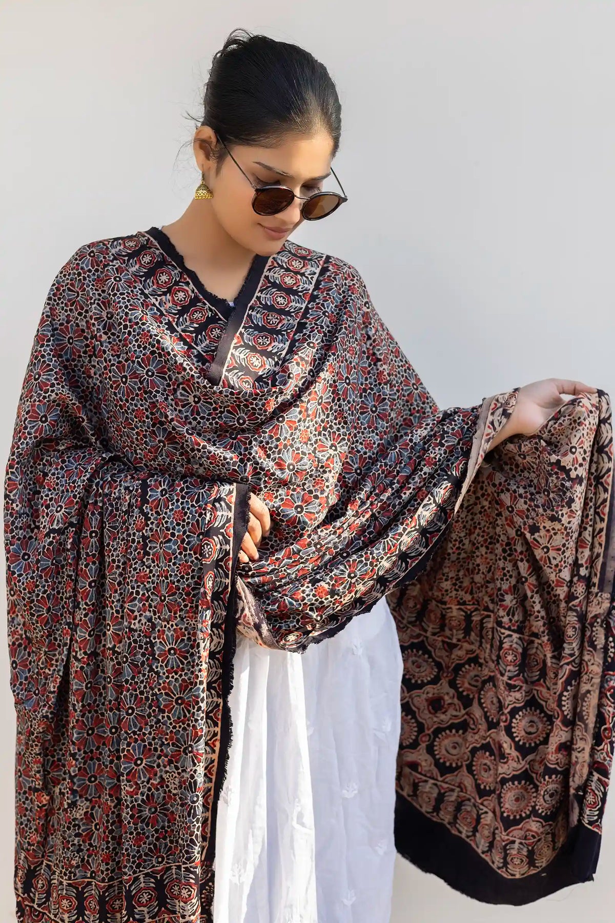 Leher Ajrakh Modal Satin Black Dupatta