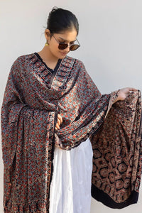 Leher Ajrakh Modal Satin Black Dupatta
