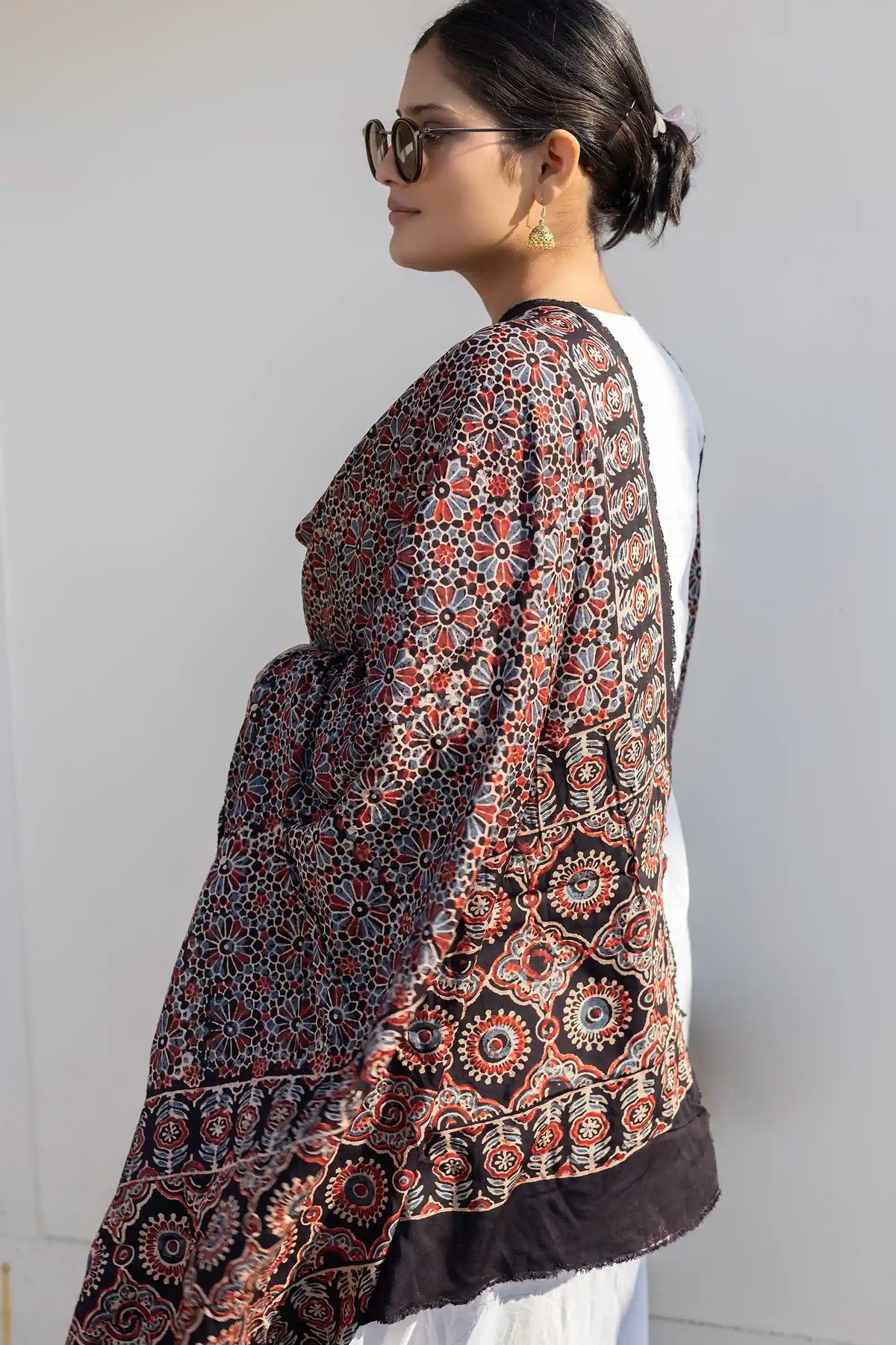 Leher Ajrakh Modal Satin Black Dupatta