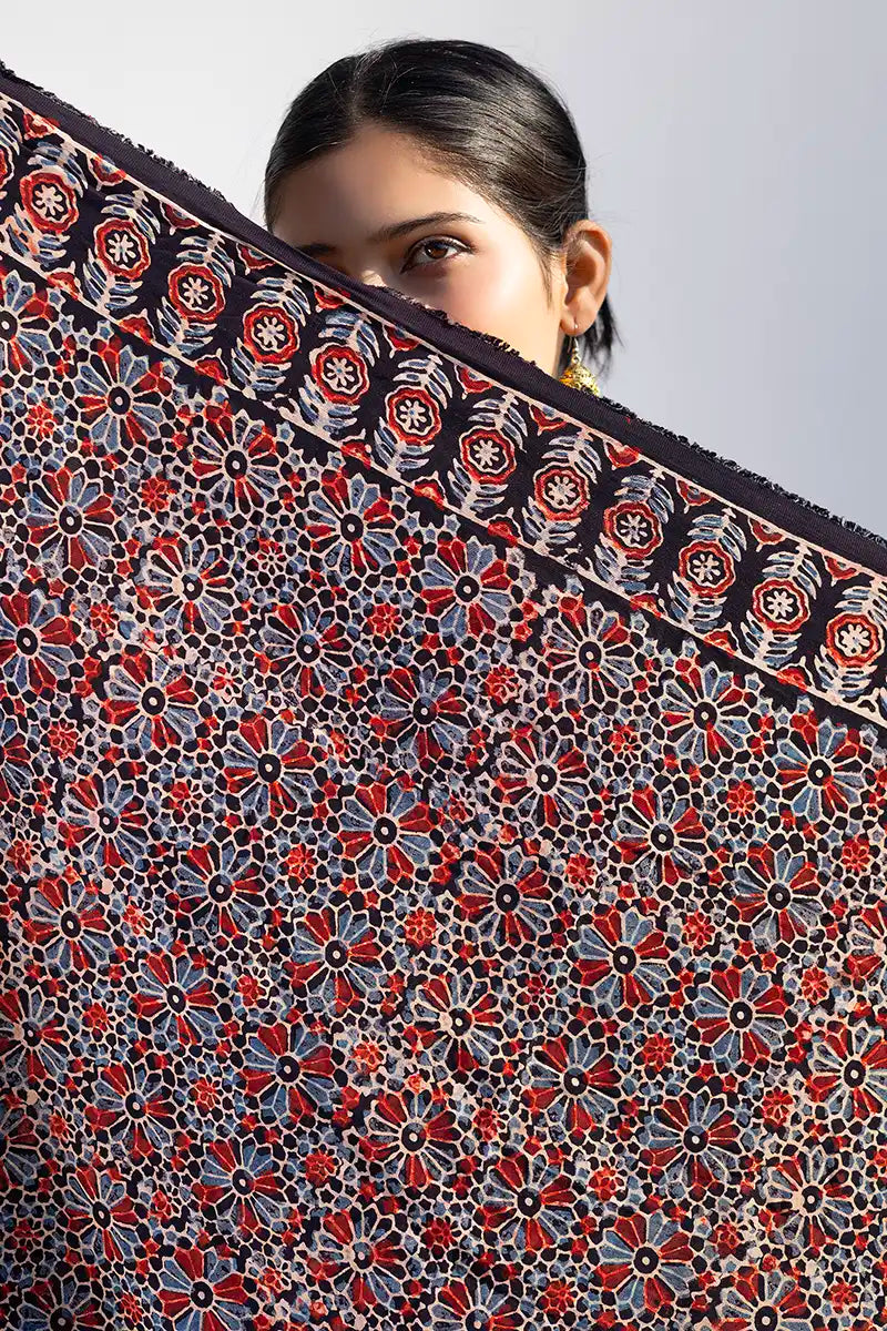 Leher Ajrakh Modal Satin Black Dupatta
