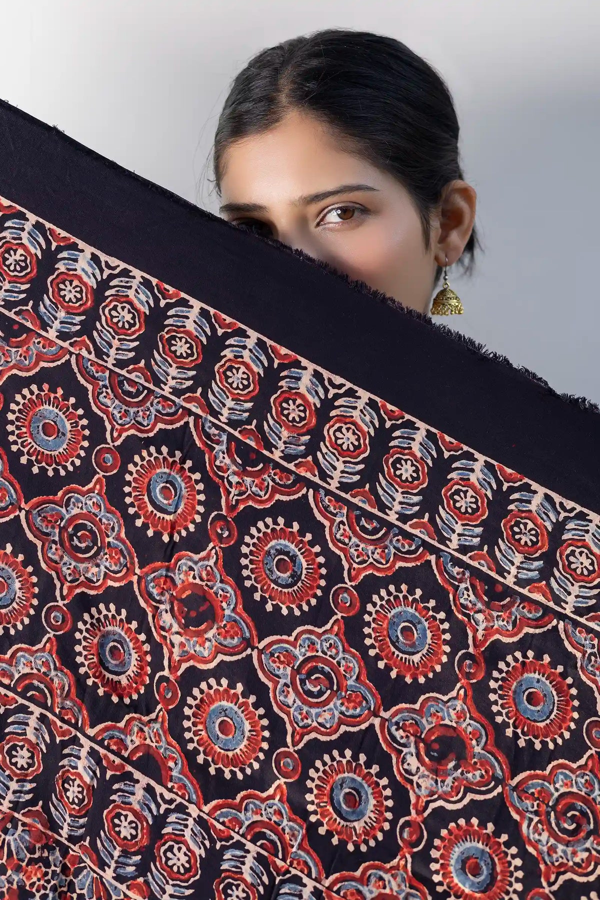 Leher Ajrakh Modal Satin Black Dupatta