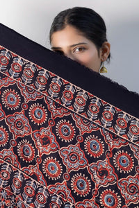 Leher Ajrakh Modal Satin Black Dupatta
