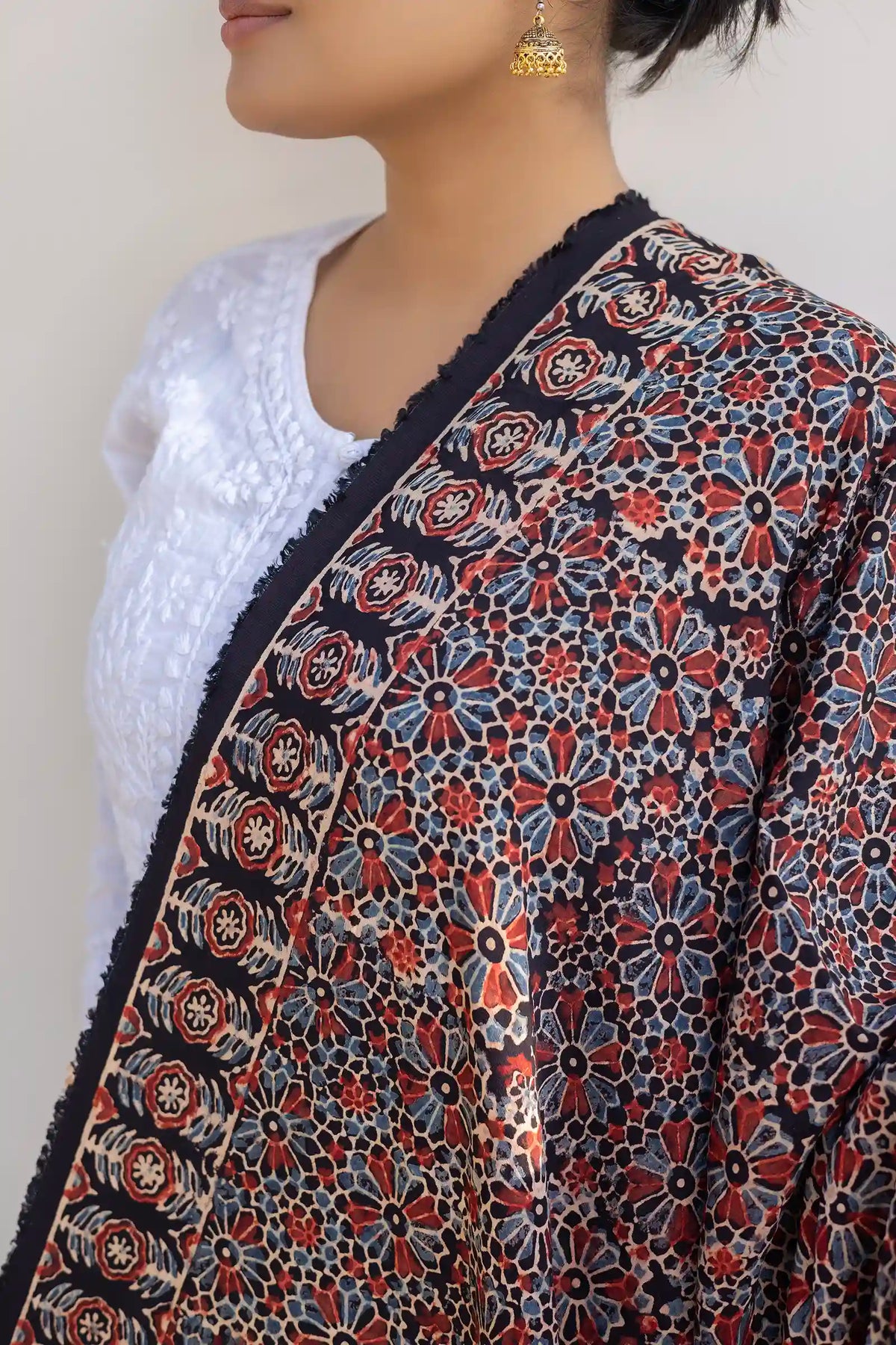 Leher Ajrakh Modal Satin Black Dupatta