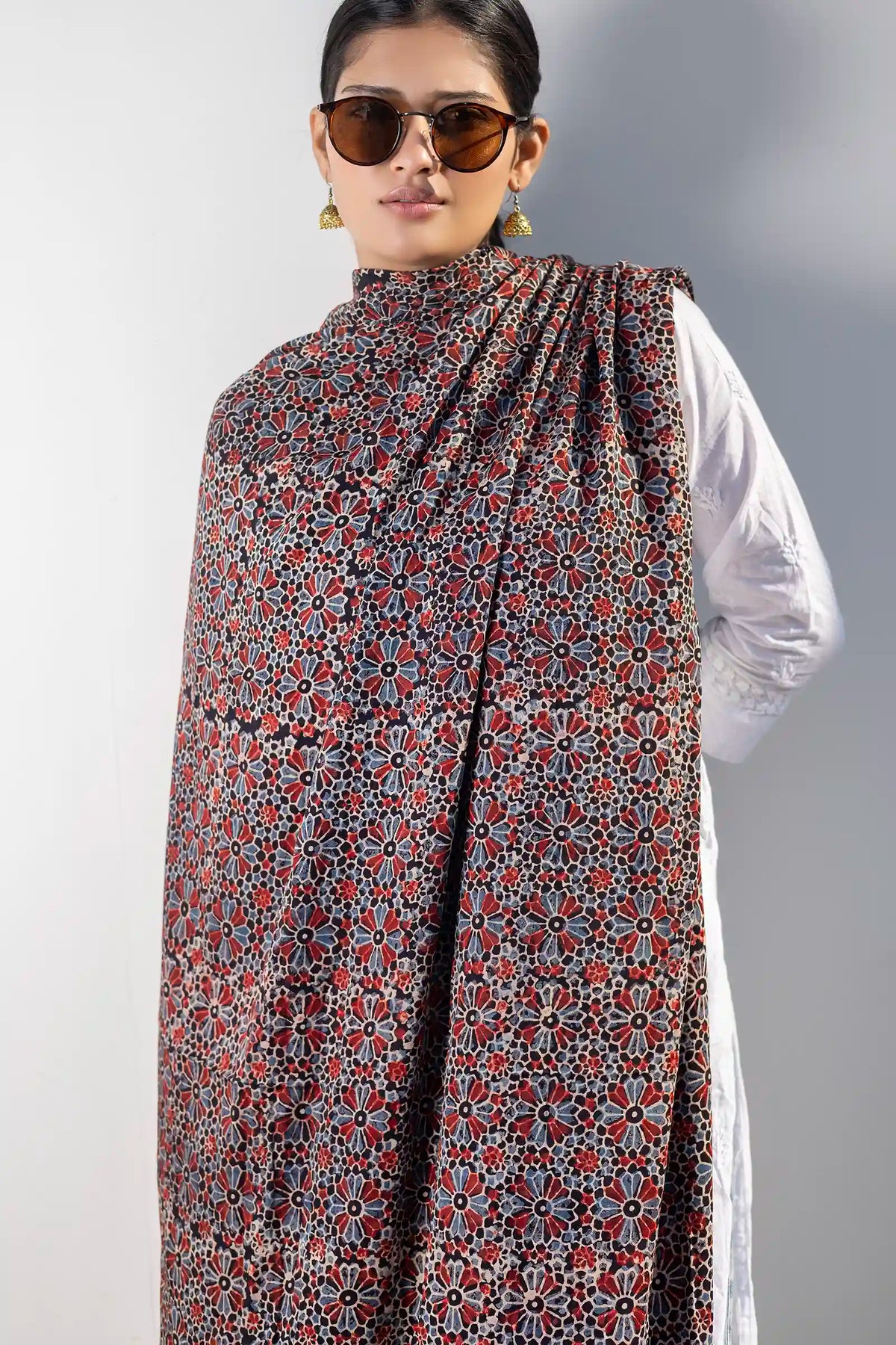 Leher Ajrakh Modal Satin Black Dupatta