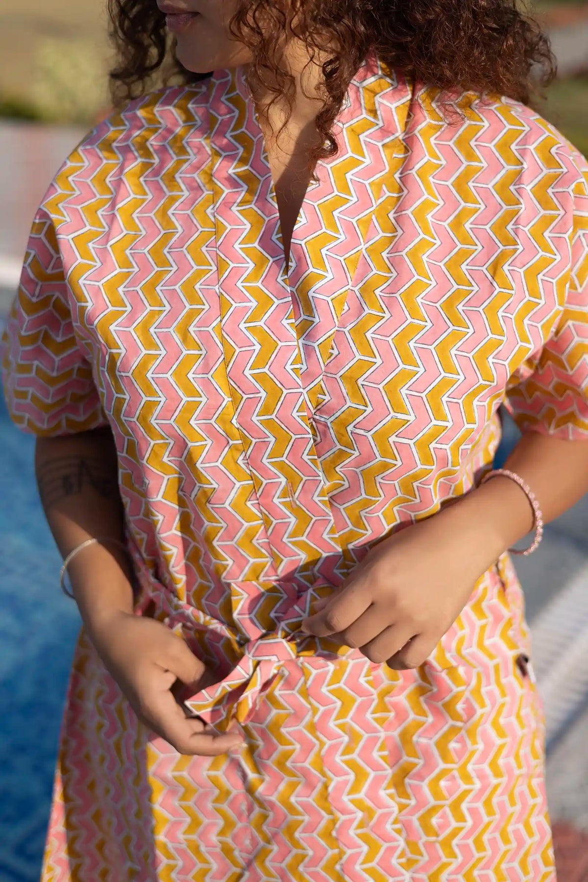 Bani Hand Block Printed Yellow Geometric Kimono Dress