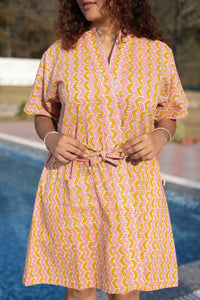 Bani Hand Block Printed Yellow Geometric Kimono Dress