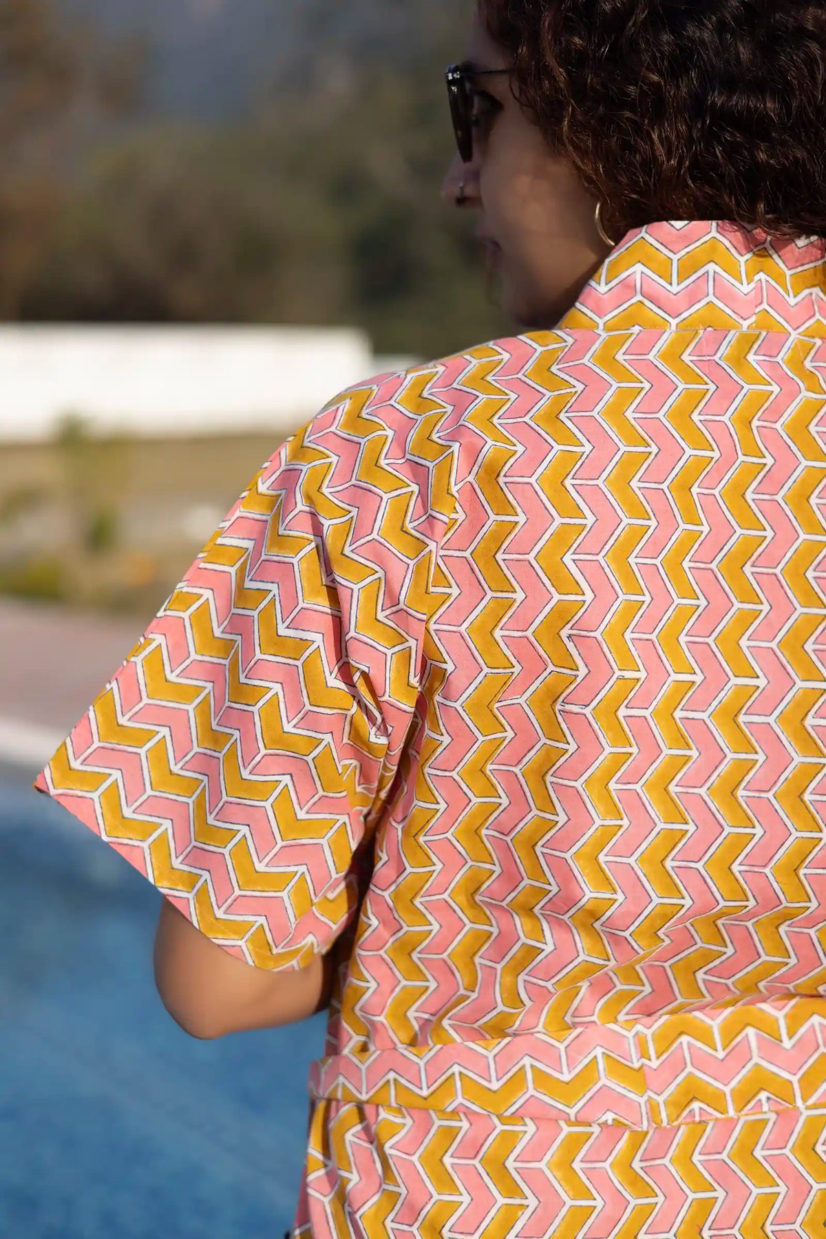 Bani Hand Block Printed Yellow Geometric Kimono Dress