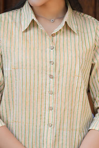 Bohemian style green striped hand block printed shirt