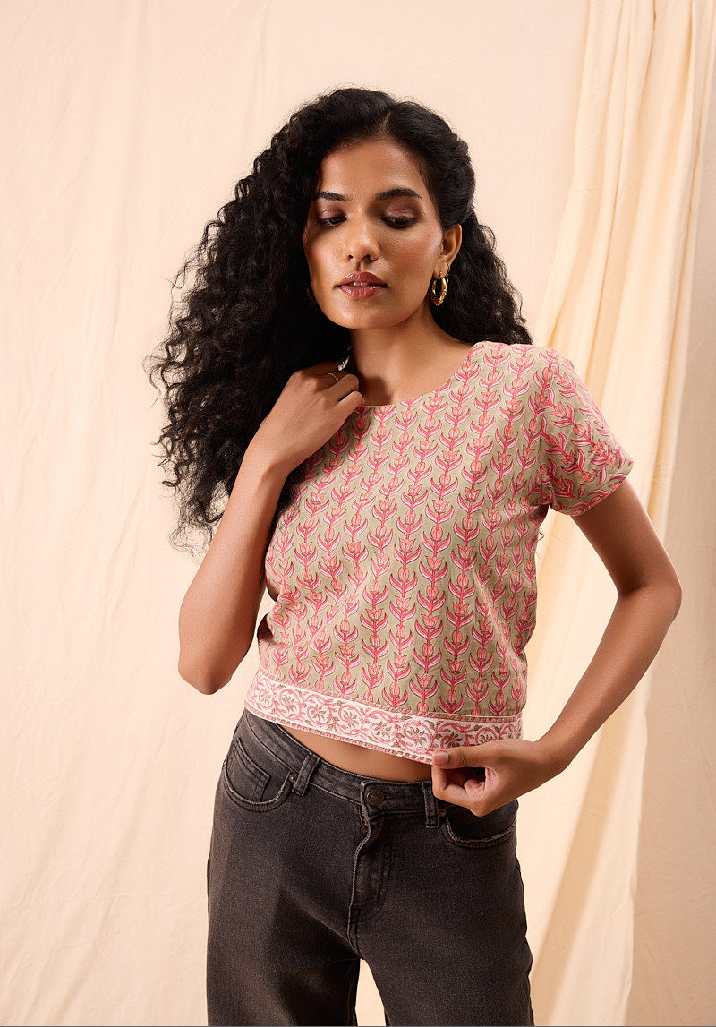 Mia Hand Block Printed Cap Sleeve Crop Top