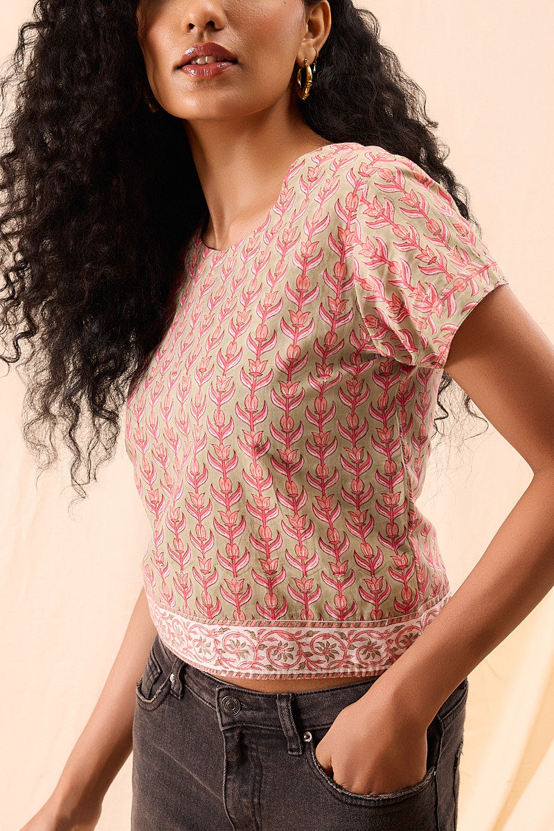Mia Hand Block Printed Cap Sleeve Crop Top
