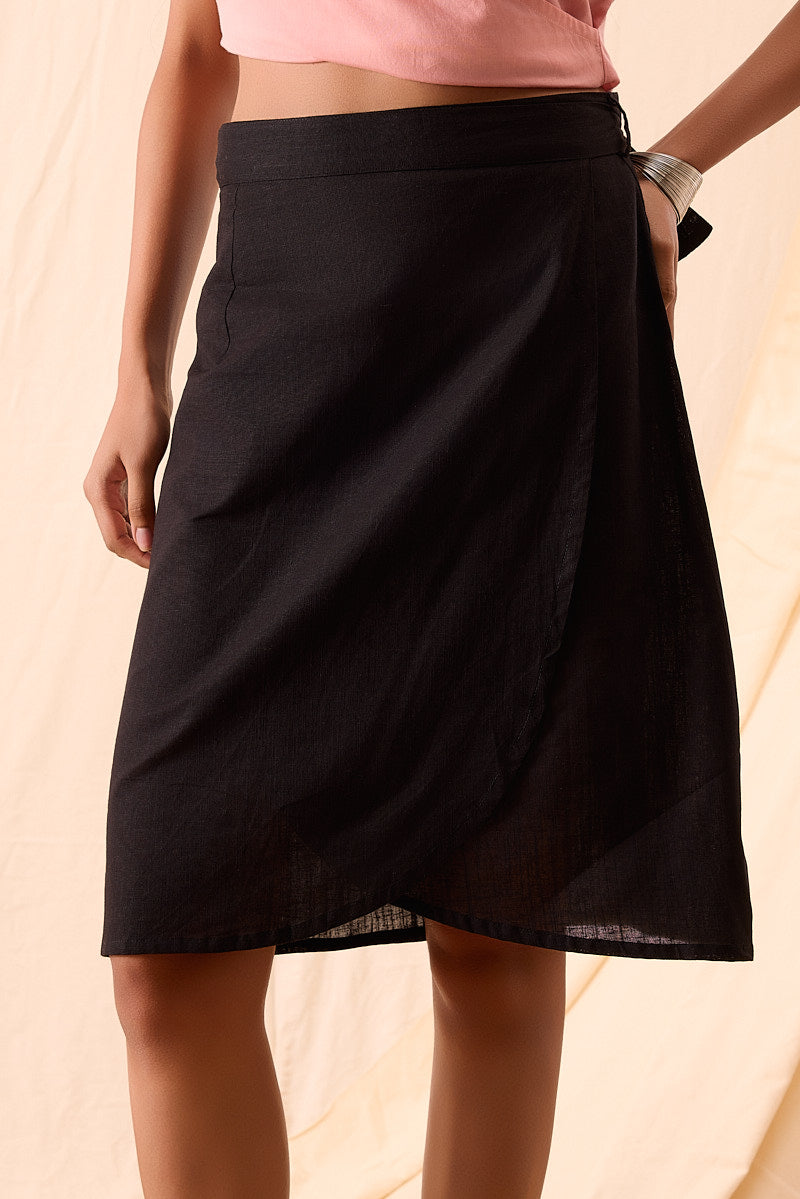 Bella black hand-dyed cotton wrap skirt outfit idea
