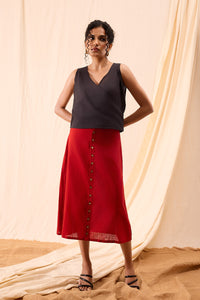 Stylish Bella Red Midi Hand-Dyed Button-Down Skirt Outfit