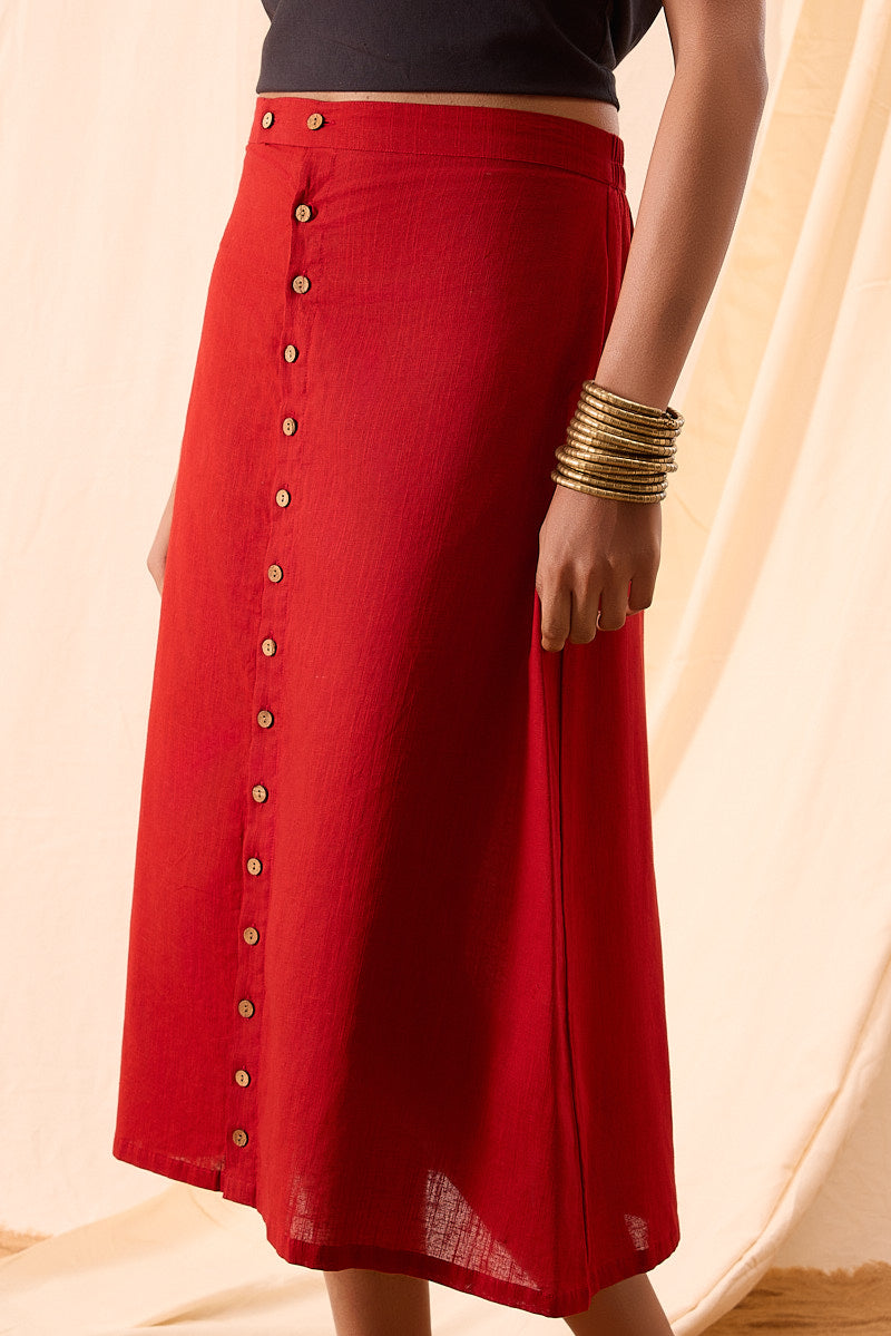 Bella Red Midi Hand-Dyed Button-Down Skirt for Women
