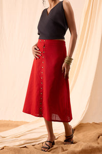 Bella Red Midi Hand-Dyed Button-Down Skirt Casual Wear