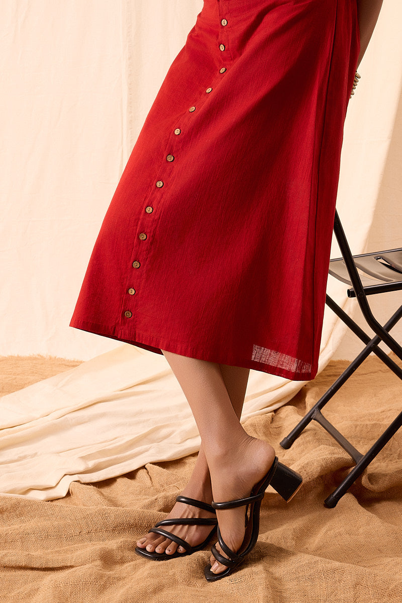 Bella Red Midi Skirt with button-down design