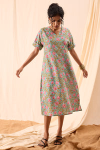 Maya Hand Block Printed Floral Half Sleeve Dress