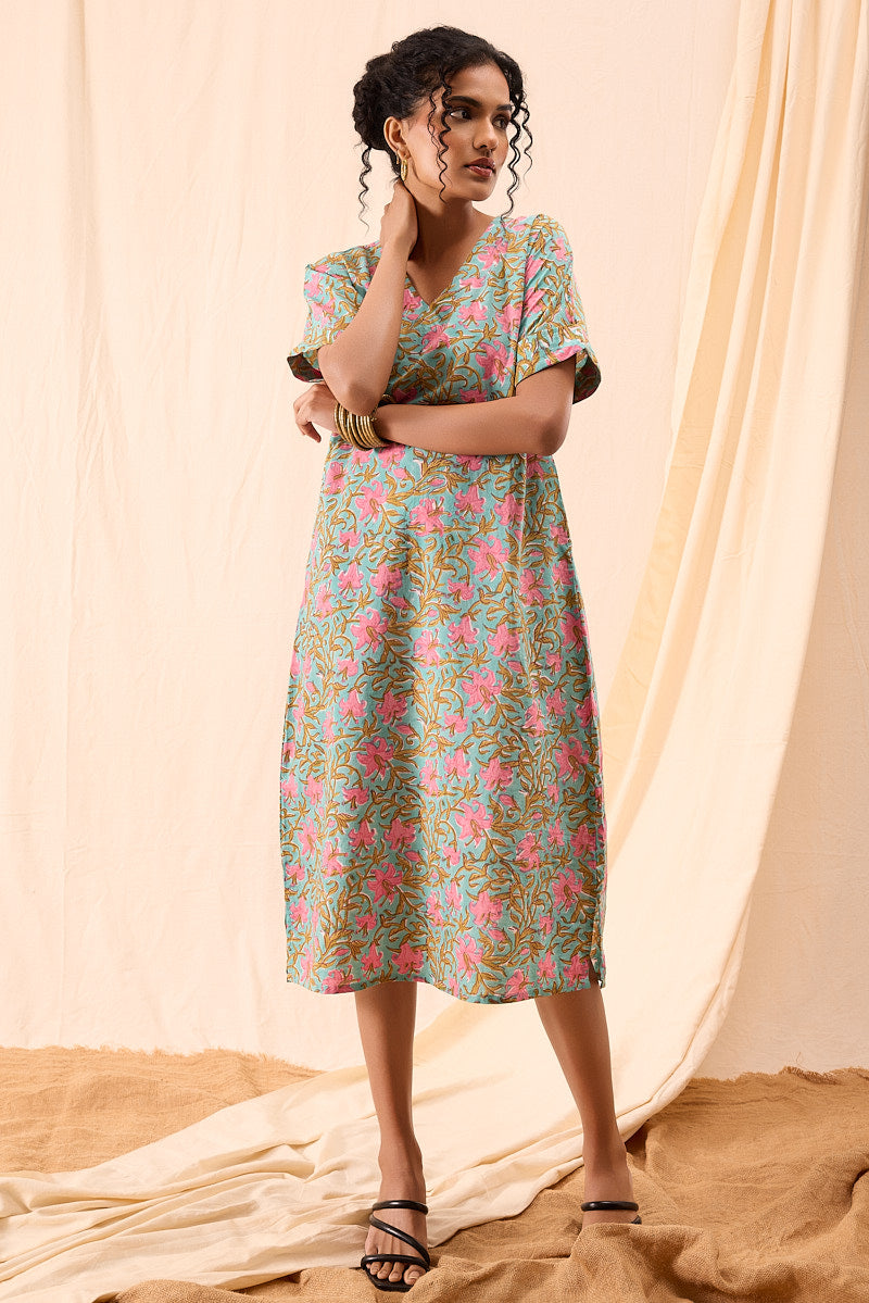 Maya Hand Block Printed Floral Half Sleeve Dress