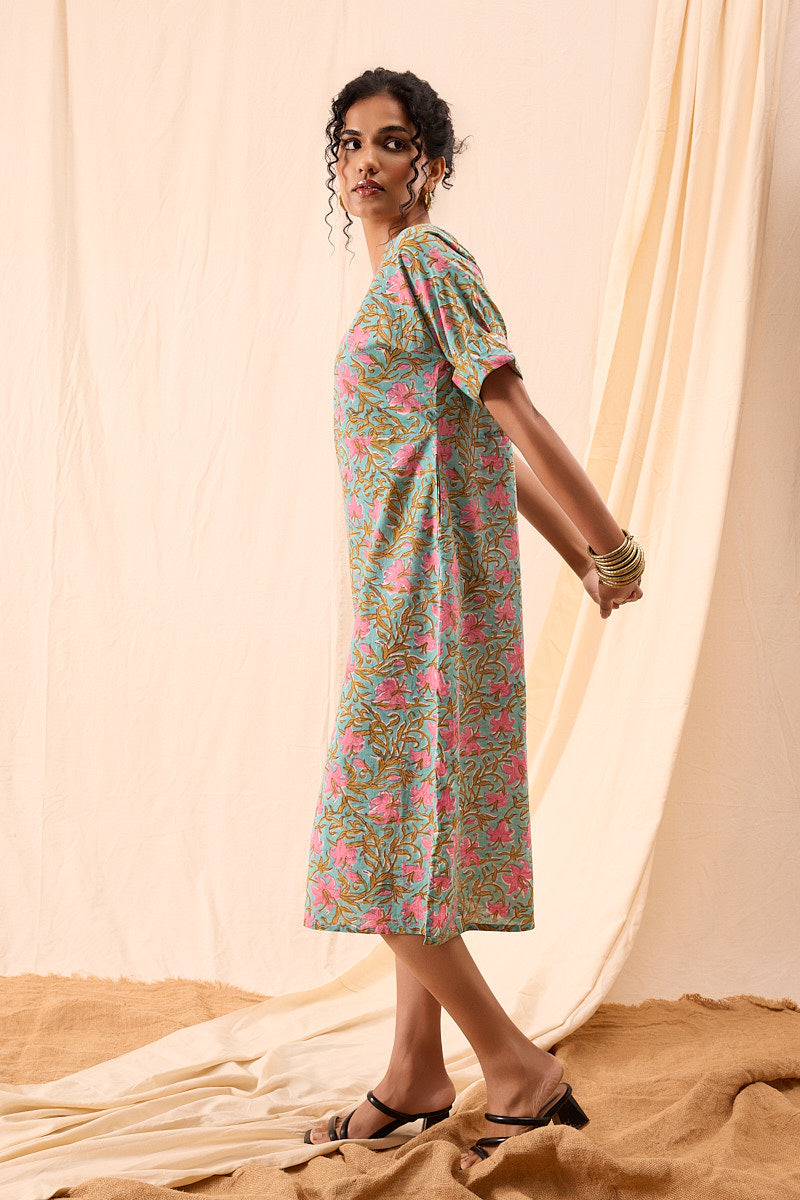 Maya Hand Block Printed Floral Half Sleeve Dress