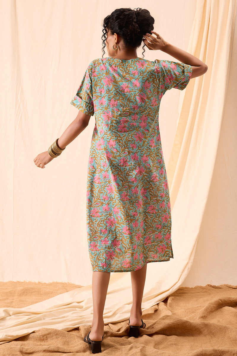 Maya Hand Block Printed Floral Half Sleeve Dress