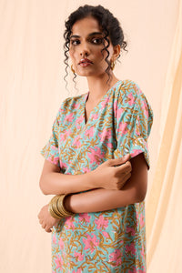 Maya Hand Block Printed Floral Half Sleeve Dress