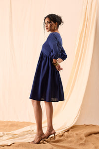 Tiya Hand Dyed Dark Blue Balloon Sleeve Dress