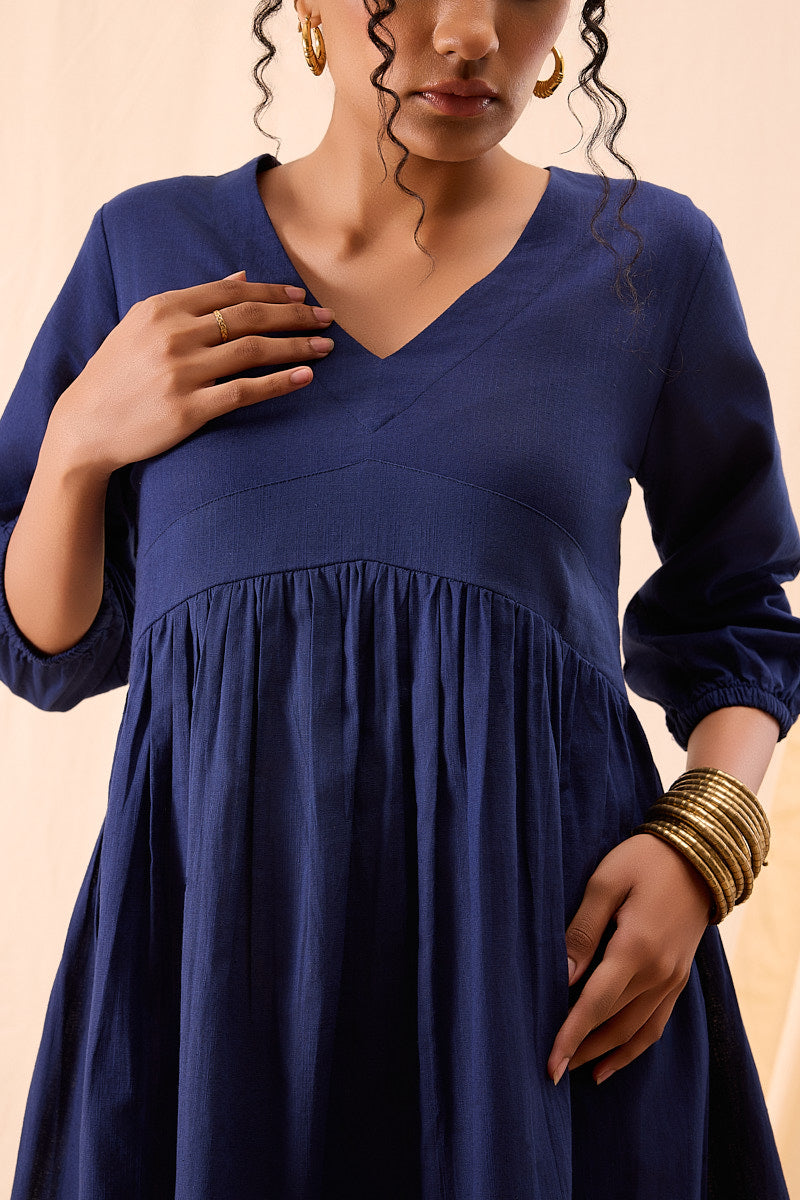 Tiya Hand Dyed Dark Blue Balloon Sleeve Dress
