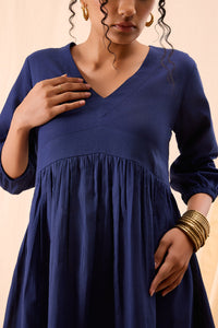 Tiya Hand Dyed Dark Blue Balloon Sleeve Dress