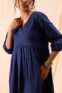 Tiya Hand Dyed Dark Blue Balloon Sleeve Dress
