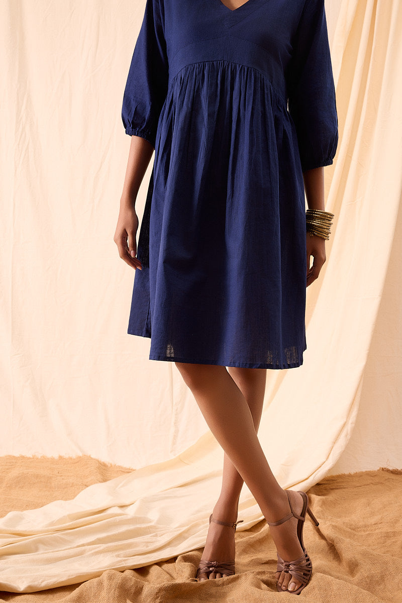 Tiya Hand Dyed Dark Blue Balloon Sleeve Dress