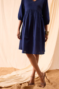 Tiya Hand Dyed Dark Blue Balloon Sleeve Dress
