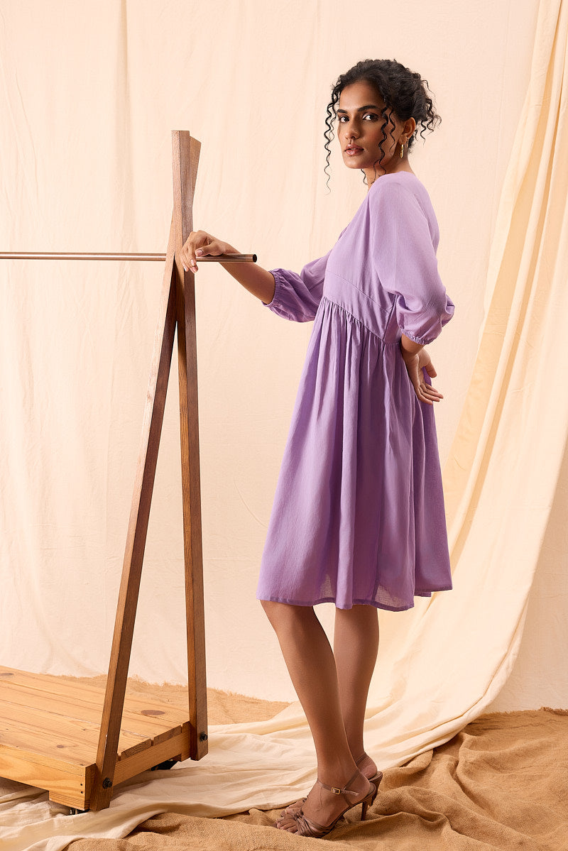 Tiya Hand Dyed Purple Balloon Sleeve Dress