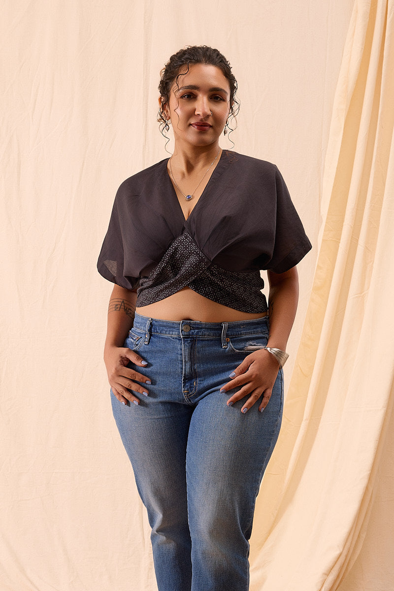 Zoya Black Hand Block Printed Pleated Top