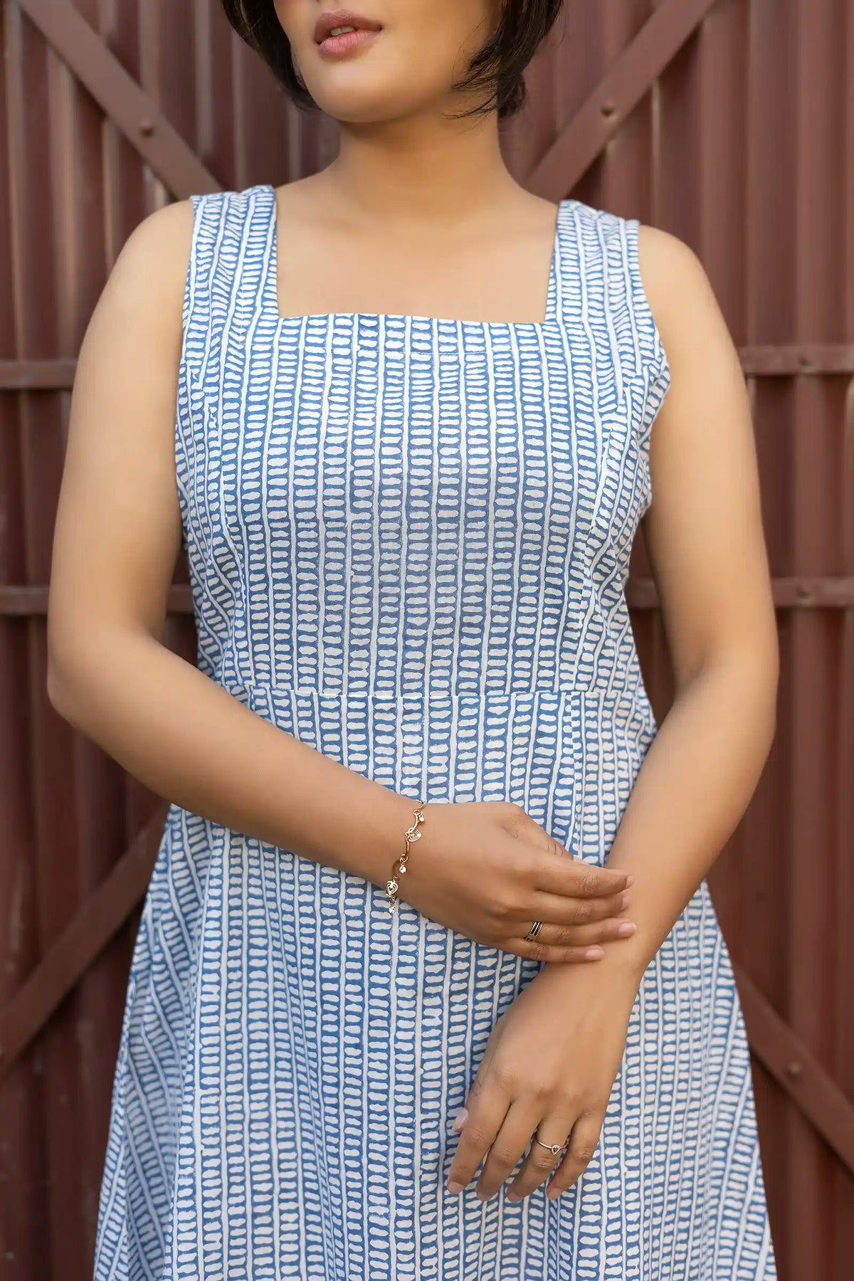 Organic cotton midi dress in blue – handcrafted Avni sleeveless style