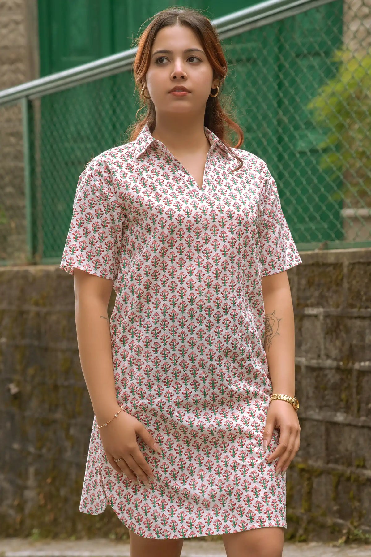 Organic cotton pink dress with Palash flower block prints – handcrafted style