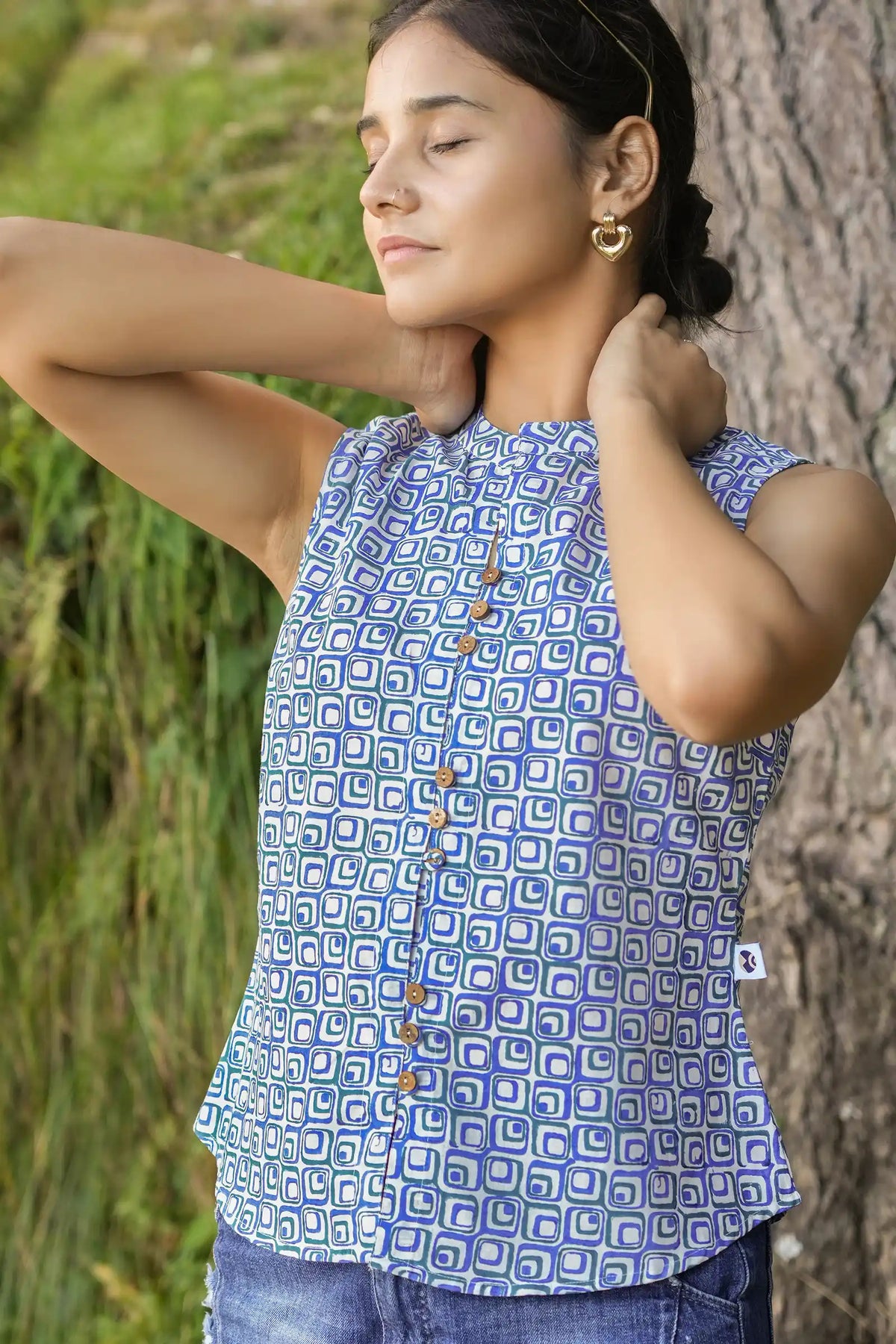 Pihu Hand Block Printed Blue Geometric Top