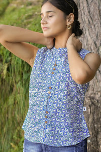 Pihu Hand Block Printed Blue Geometric Top