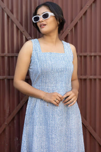 Premium cotton blue midi dress – Avni hand block printed summer wear