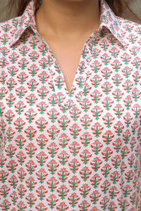 Sleeveless handmade Palash print dress in soft pink organic cotton