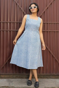 Sustainable blue cotton dress – sleeveless hand block printed midi by Avni