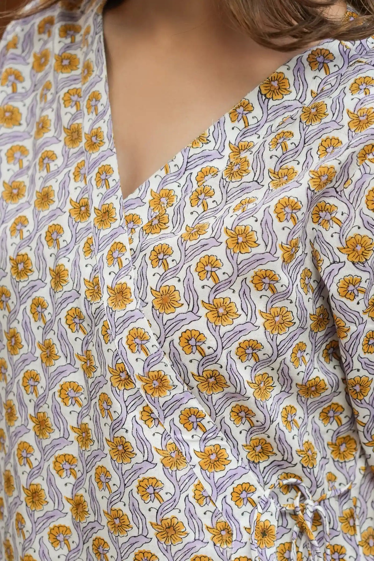 Handcrafted violet periwinkle angrakha kurta with block print design