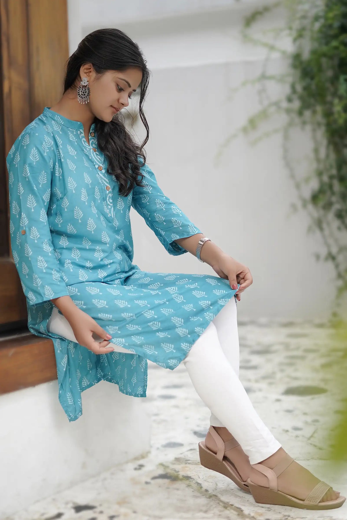Stylish Nitya Cotton Silk Teal Kurti outfit
