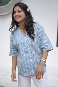 Chic geometric blue button top with modern design