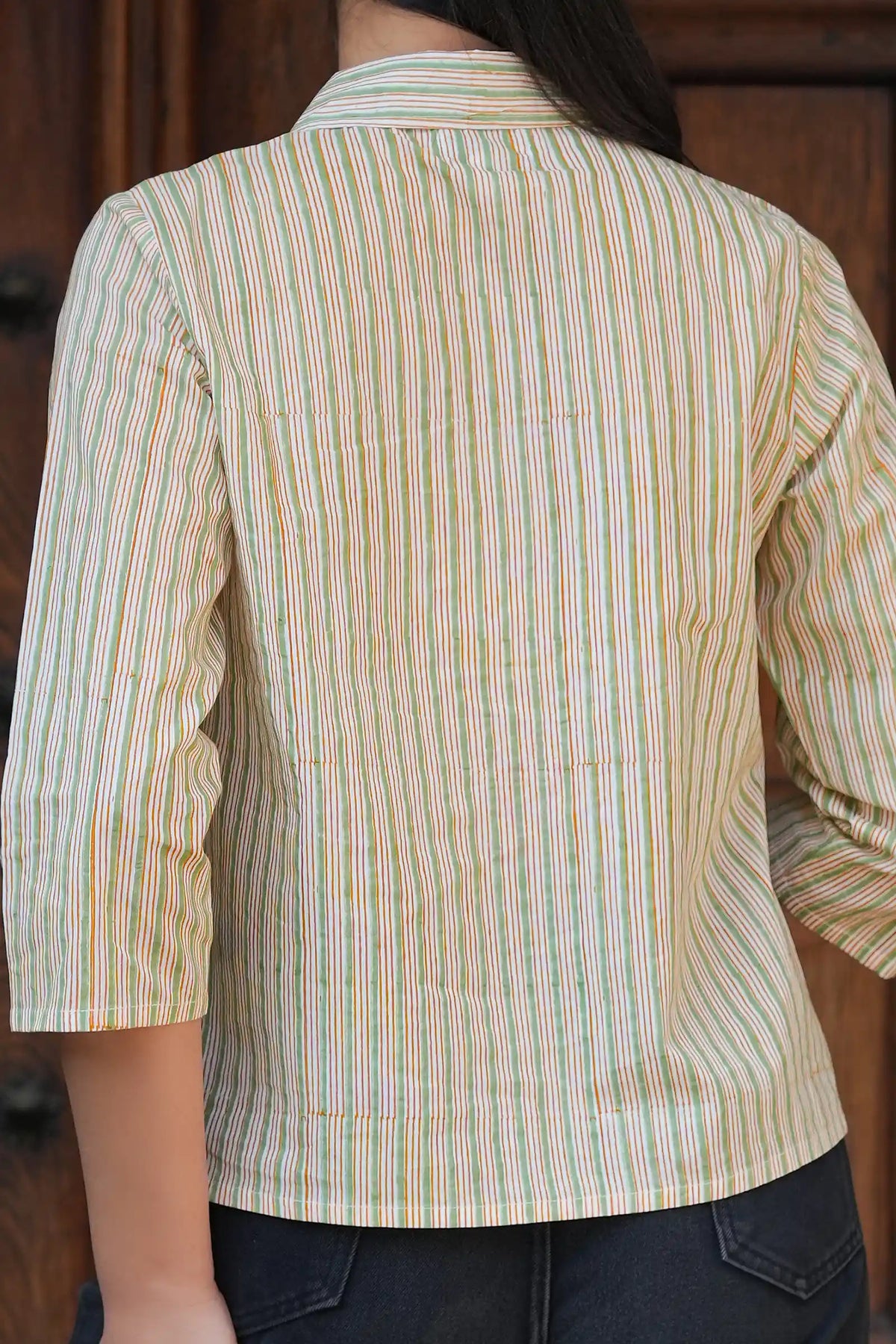 Aditi designer green striped shirt with hand block printing