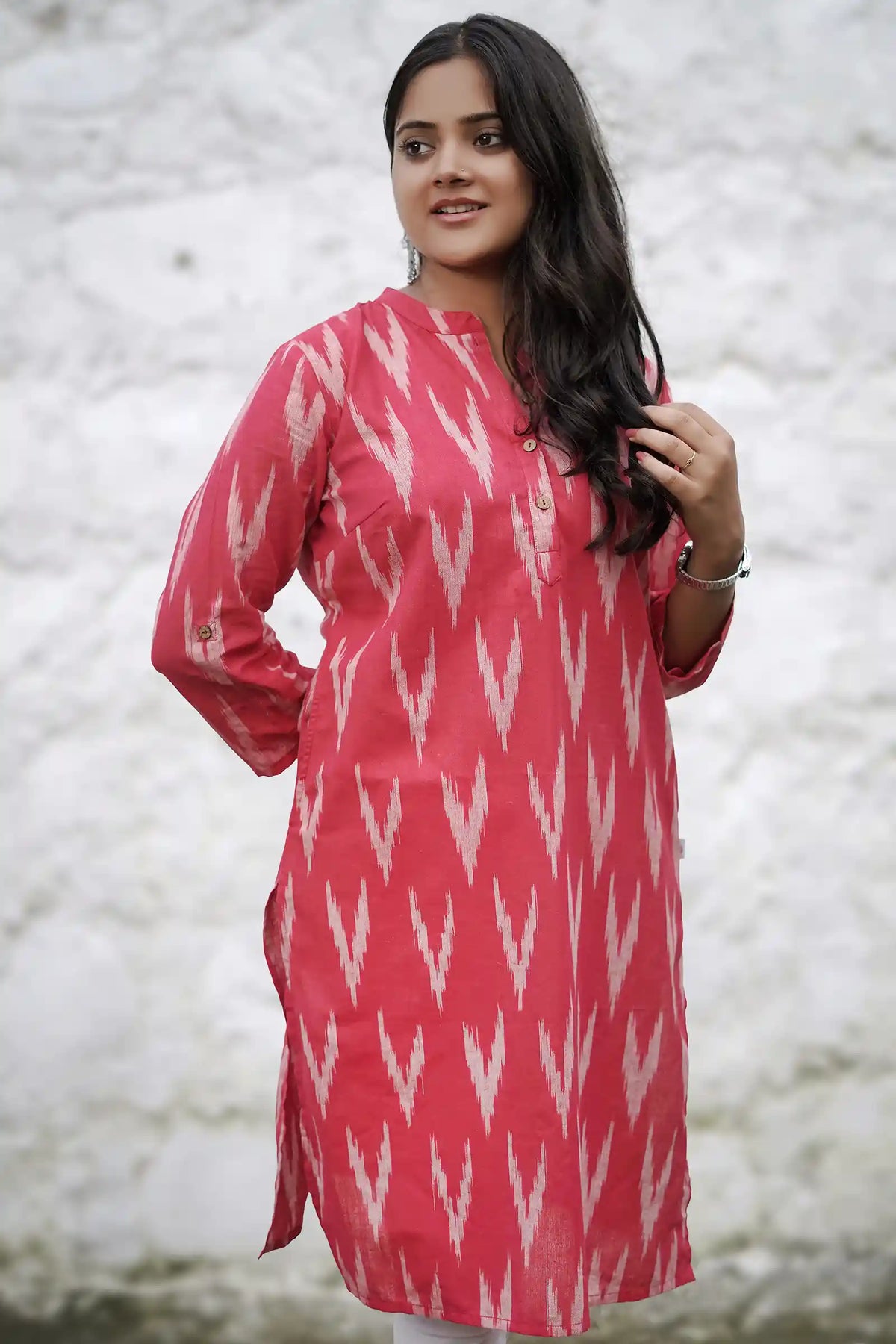 Casual wear roll up sleeve ikkat kurti in red